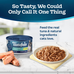 Blue Buffalo Tastefuls tuna flaked wet cat food gravy shot suggests high moisture for hydration.
