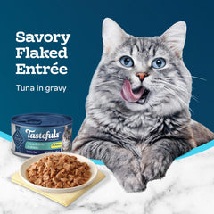 Blue Buffalo Tastefuls tuna flaked wet cat food label confirms no corn, wheat, or soy.