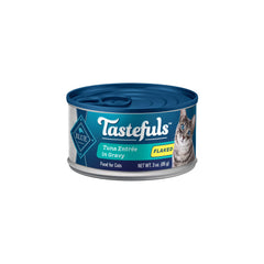 Blue Buffalo Tastefuls tuna flaked wet cat food packaging highlights natural ingredients.