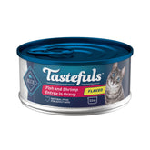 Blue Buffalo Tastefuls wet cat food can close-up with fish first ingredient for daily hydration.
