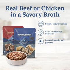 Blue Buffalo Tender Shreds beef & chicken topper close-up with chunks in broth.
