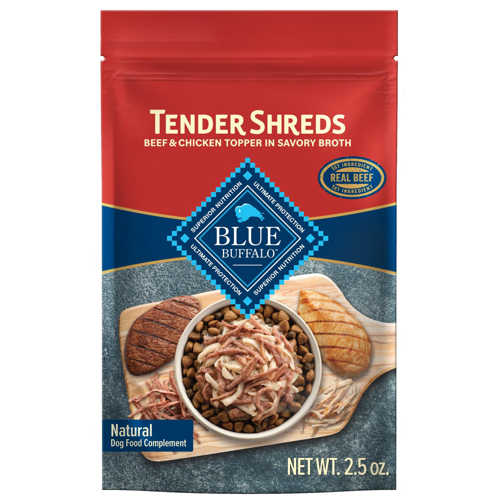 Blue Buffalo Tender Shreds beef and chicken toppers pouch close-up.