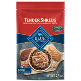 Blue Buffalo Tender Shreds beef and chicken toppers pouch close-up.