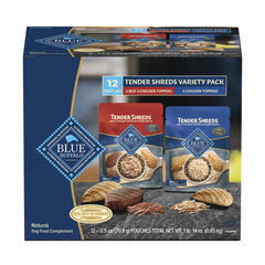 Blue Buffalo Tender Shreds chicken topper pouch with tender pieces moistening dry kibble.