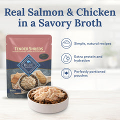 Tender Shreds in savory broth from Blue Buffalo elevate meal aroma and tenderness.
