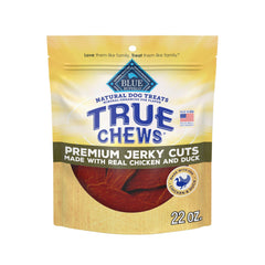 Blue Buffalo True Chews jerky cuts bag shows real chicken and duck flavor for dogs