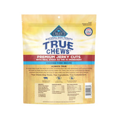 Blue Buffalo True Chews beef jerky strips close-up showcasing tender texture.