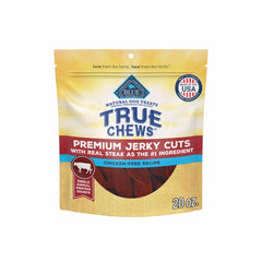 Blue Buffalo True Chews Jerky Cuts Beef packaging highlighting USA-made natural ingredients for rewards