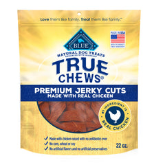 Blue Buffalo True Chews jerky bag showing chicken flavor and size, ideal for rewards.