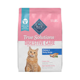Blue Buffalo True Solutions Digestive Care dry cat food bag highlighting real chicken first ingredient for digestive support