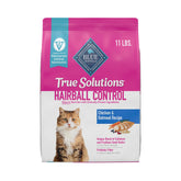 Blue Buffalo True Solutions hairball-control dry cat food bag supports digestion with prebiotic fiber.