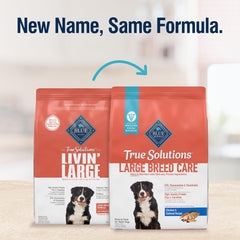 Blue Buffalo True Solutions large-breed kibble close-up emphasizes high-quality protein for lean muscles.