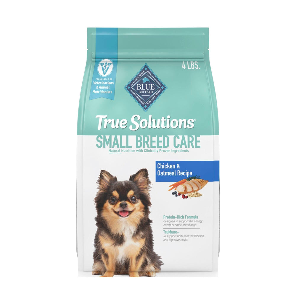 Blue Buffalo True Solutions Small Breed Care bag front highlights premium formula for energized small dogs