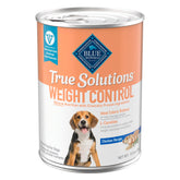 Blue Buffalo True Solutions weight-control wet dog food can with real chicken first ingredient.