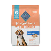 Blue Buffalo True Solutions weight control bag front shows balanced calories for adult dogs