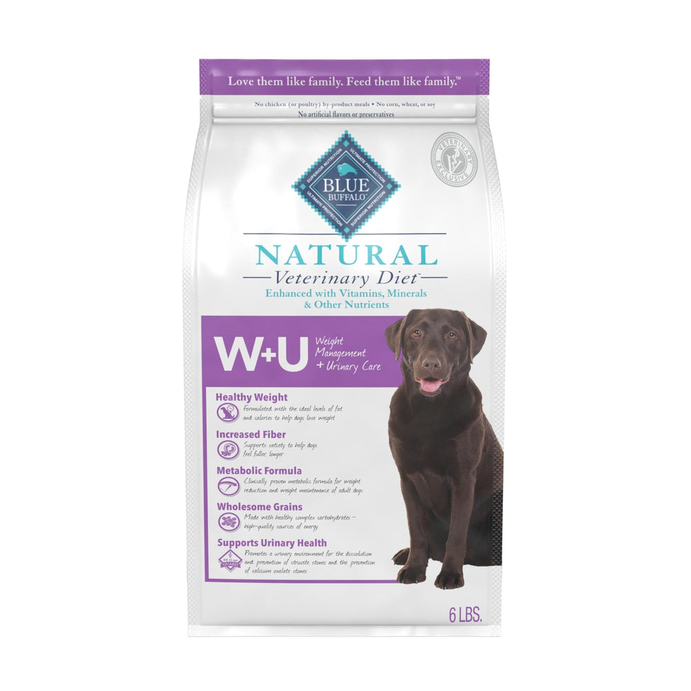 Blue Buffalo W+U packaging highlights a balanced formula for weight control and urinary health.