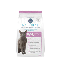 Blue Buffalo W+U dry cat food bag for weight management and urinary care, with clear packaging.