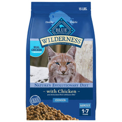 Blue Buffalo Wilderness chicken bag front, highlighting real protein for indoor cats.