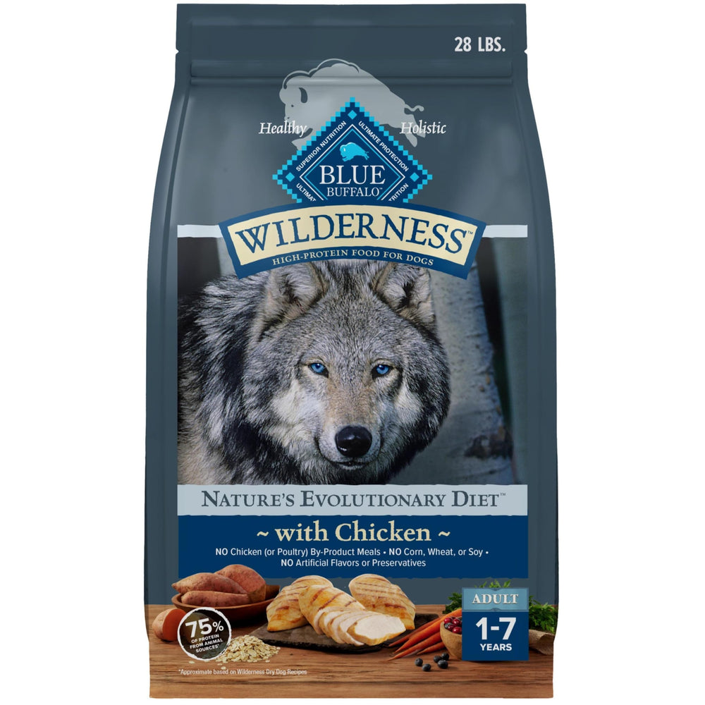 Blue Buffalo Wilderness chicken-first-ingredient bowl shows a protein-rich meal for dogs