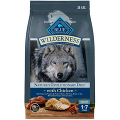 Blue Buffalo Wilderness chicken-first-ingredient bowl shows a protein-rich meal for dogs