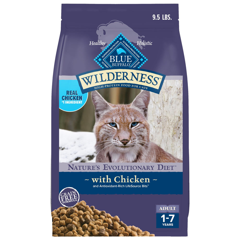 Blue Buffalo Wilderness chicken-first-ingredient formula for protein-rich cat meals.