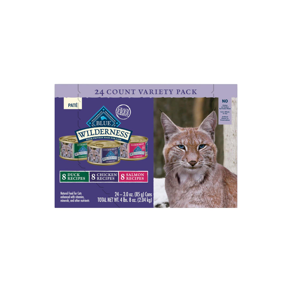 Blue Buffalo Wilderness chicken pâté can; high-protein energy for active cats.