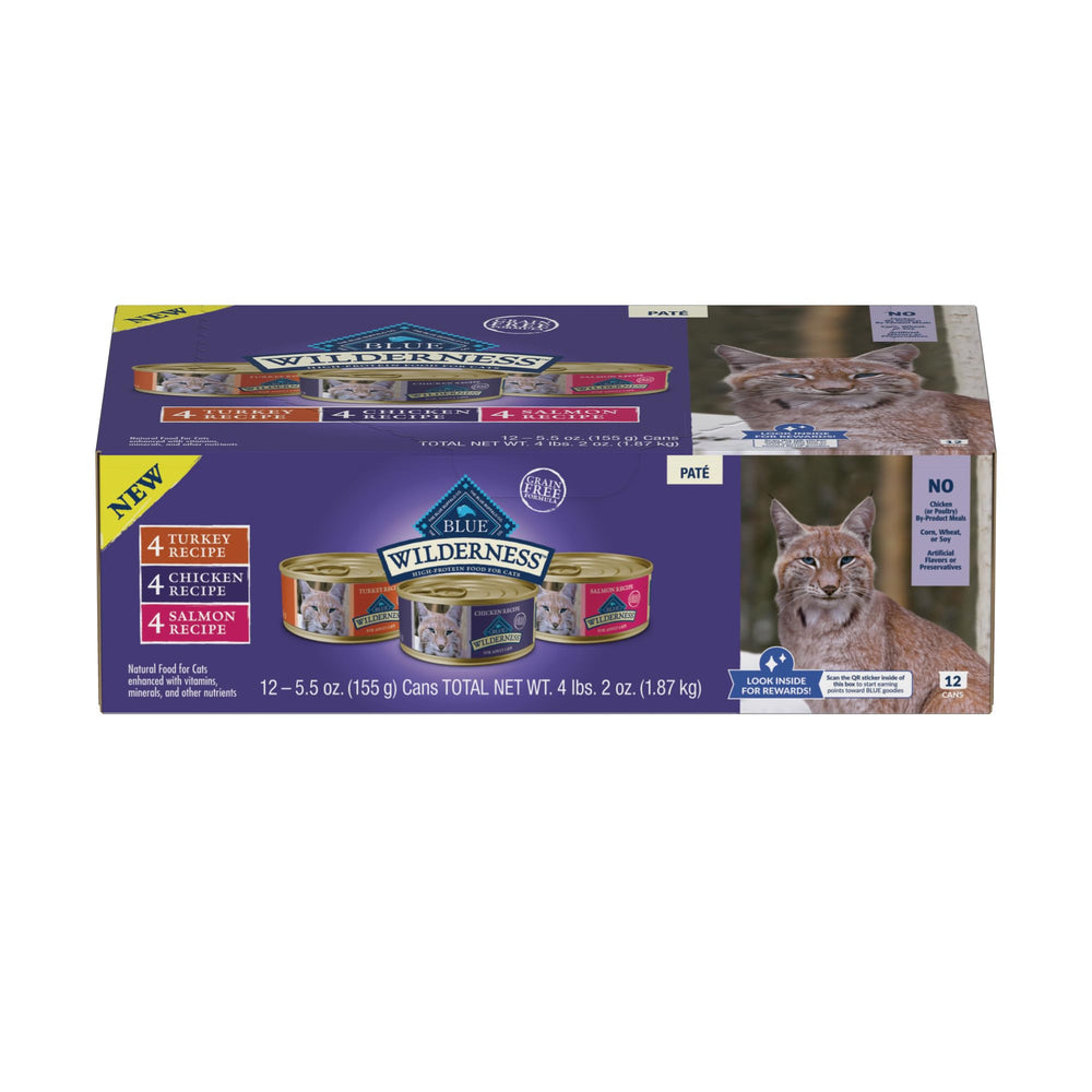 Blue Buffalo Wilderness chicken pate can label highlights protein-rich meal for active cats.