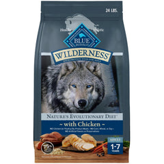 Blue Buffalo Wilderness 24lb bag displaying real chicken first for protein