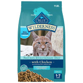 Blue Buffalo Wilderness chicken recipe bag shows real chicken and hairball-control benefits for adult cats.