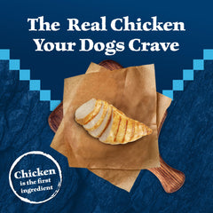 Blue Buffalo Wilderness chicken recipe ingredient chunks emphasize protein-rich nutrition.