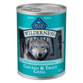 Blue Buffalo Wilderness Chicken & Trout Grill cans front view, high-protein wet dog food