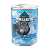 Blue Buffalo Wilderness Denali Dinner wet dog food can front view, high-protein and grain-free.