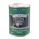 Blue Buffalo Wilderness Duck and Chicken Grill cans front view, protein-rich meal option for active dogs