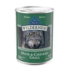 Blue Buffalo Wilderness Duck and Chicken Grill cans front view, protein-rich meal option for active dogs