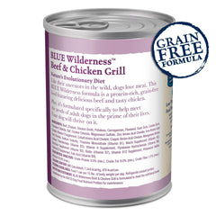 Blue Buffalo Wilderness high-protein wet dog food can emphasizing grain-free formula for active dogs.