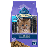 Blue Buffalo Wilderness kitten dry food bag highlights real chicken as the first ingredient for balanced growth.