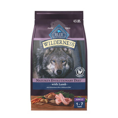 Blue Buffalo Wilderness lamb-first ingredient bag highlights protein-rich feed for active dogs.