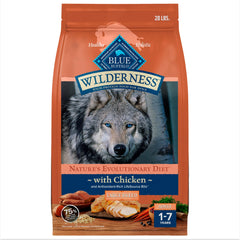 Blue Buffalo Wilderness Large Breed Chicken Recipe bag showing high-protein kibble for active dogs