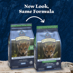 Blue Buffalo Wilderness Puppy grain-free formula label highlighting grain-free option