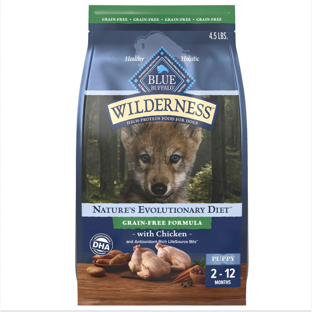 Blue Buffalo Wilderness Puppy packaging emphasizing real chicken as the first ingredient