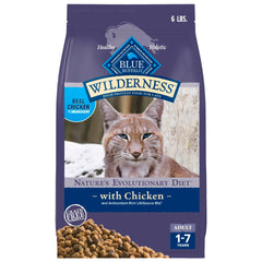 Blue Buffalo Wilderness real chicken first bag shows protein-forward dry cat food
