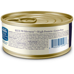 Blue Buffalo Wilderness real chicken first can emphasizes protein-rich nutrition.