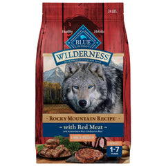 Blue Buffalo Wilderness Rocky Mountain bag packaging highlights real beef for energy and wholesome grains.