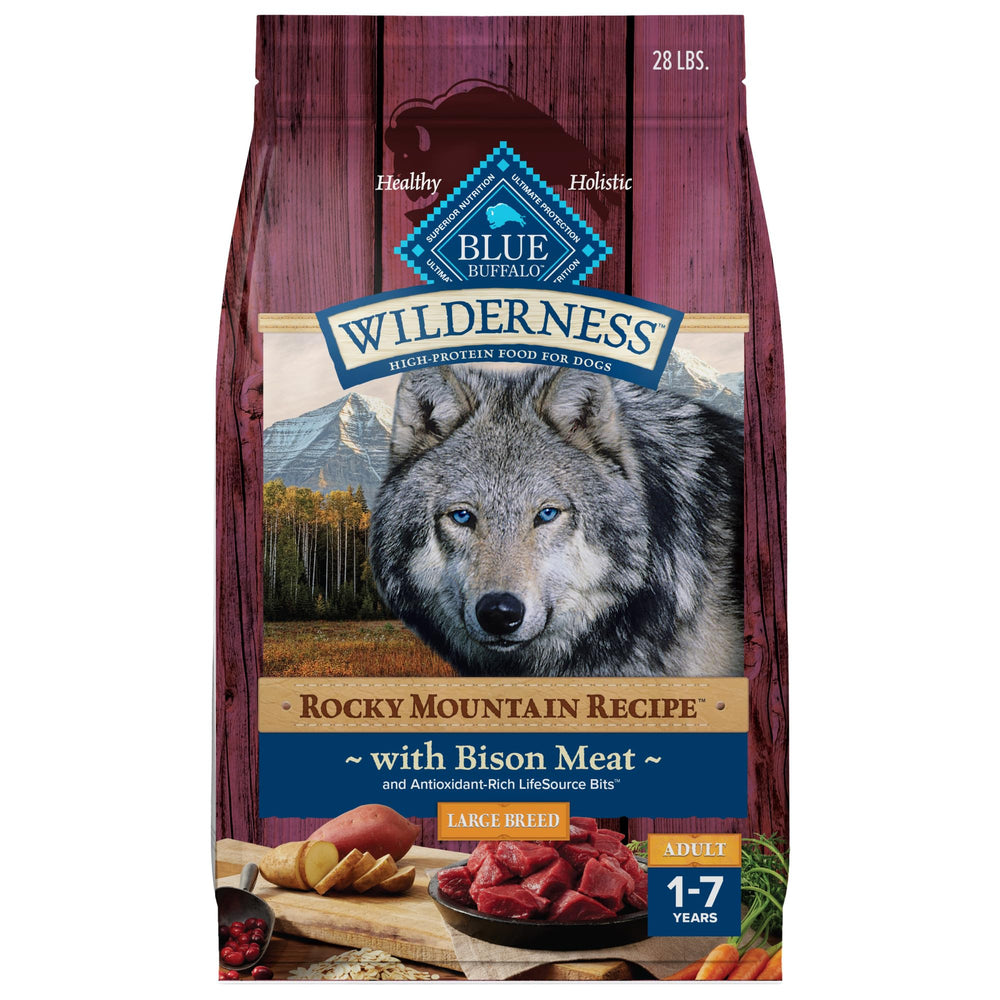 Blue Buffalo Wilderness Rocky Mountain bag front highlights primary protein from bison for large breeds