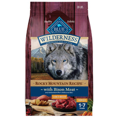 Blue Buffalo Wilderness Rocky Mountain bag front highlights primary protein from bison for large breeds