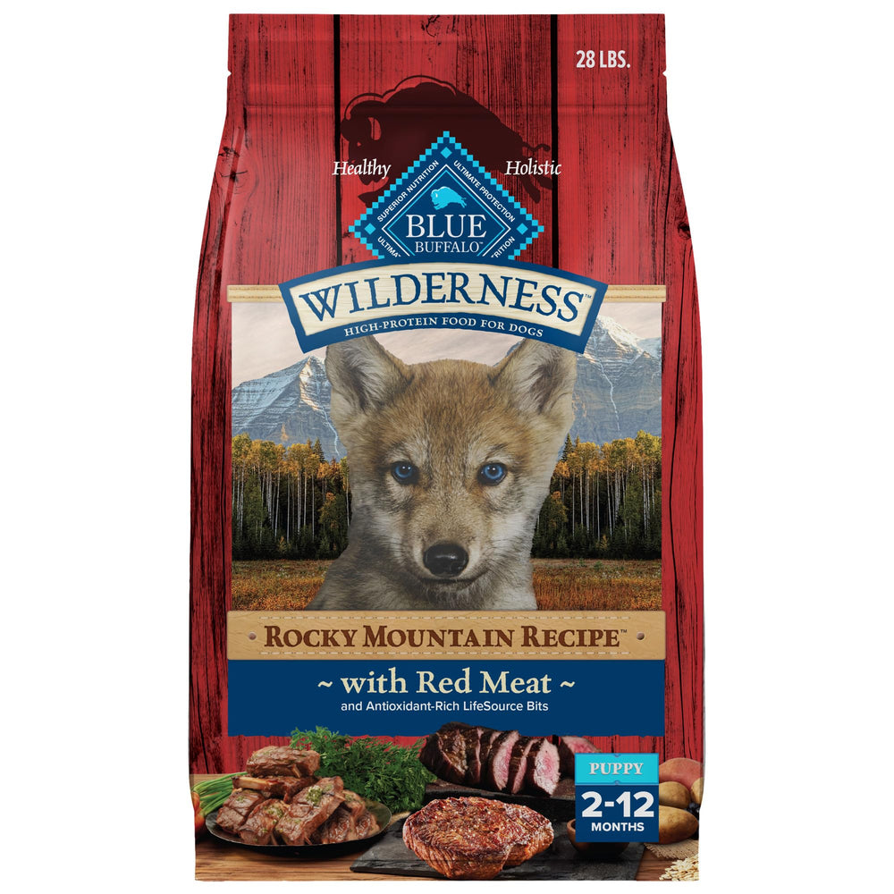 Blue Buffalo Wilderness Rocky Mountain Puppy bag front highlights real beef as the first ingredient.