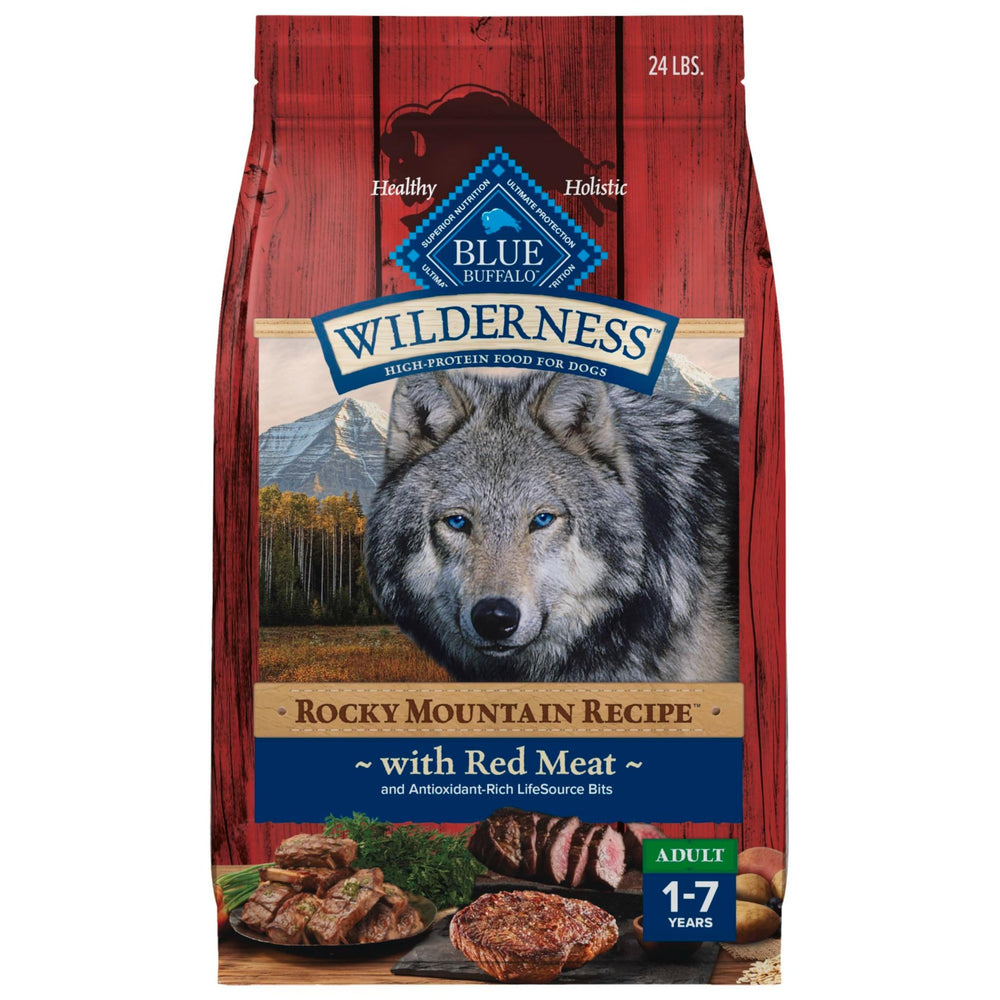 Blue Buffalo Wilderness Rocky Mountain red meat bag front highlights protein-rich formula for active dogs