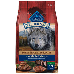 Blue Buffalo Wilderness Rocky Mountain red meat bag front highlights protein-rich formula for active dogs