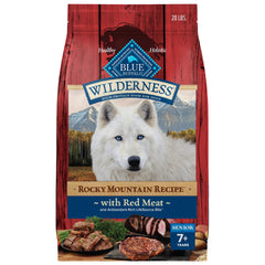 Blue Buffalo Wilderness Rocky Mountain red meat bag shows high-protein nourishment for active senior dogs