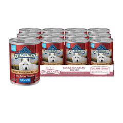 Blue Buffalo Wilderness Rocky Mountain red meat can supports high-protein nutrition for active senior dogs.
